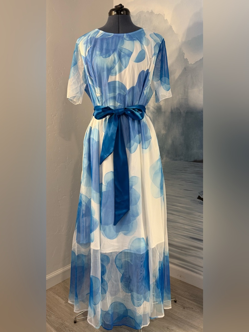 STYLEWE Blue Floral-Print Chiffon Maxi Dress with Satin Waist Tie #374